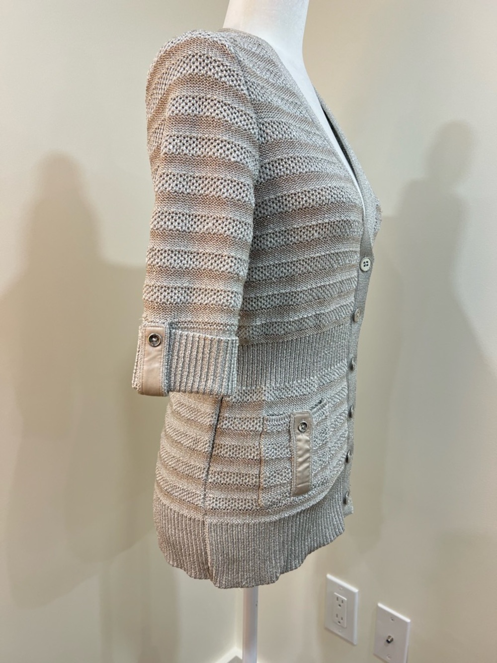 WHBM White House Black Market Silver Metallic Knit Cardigan Sweater Top Medium - Picture 3 of 8